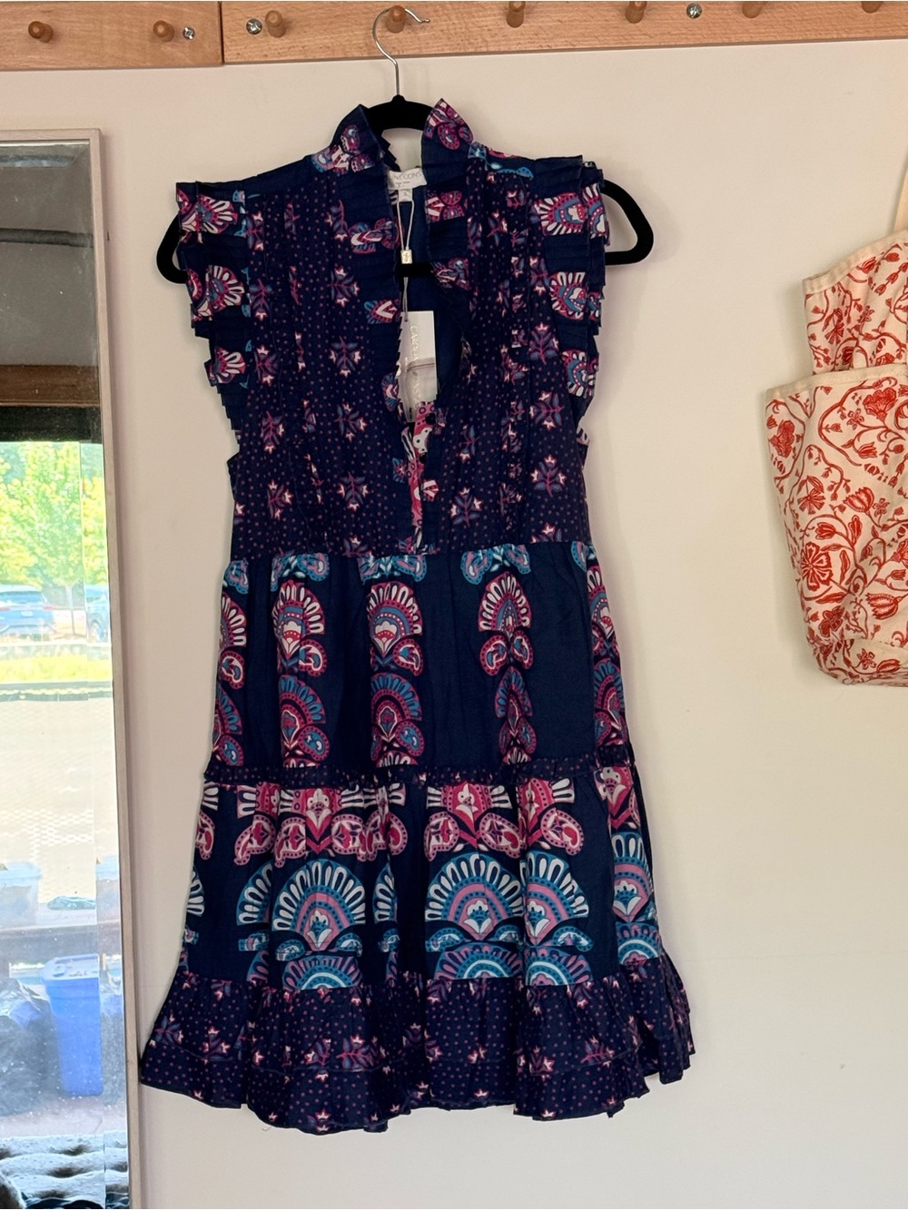 Caroline Constas Navy Floral Tiered Mini Dress with Pink & Teal Accents